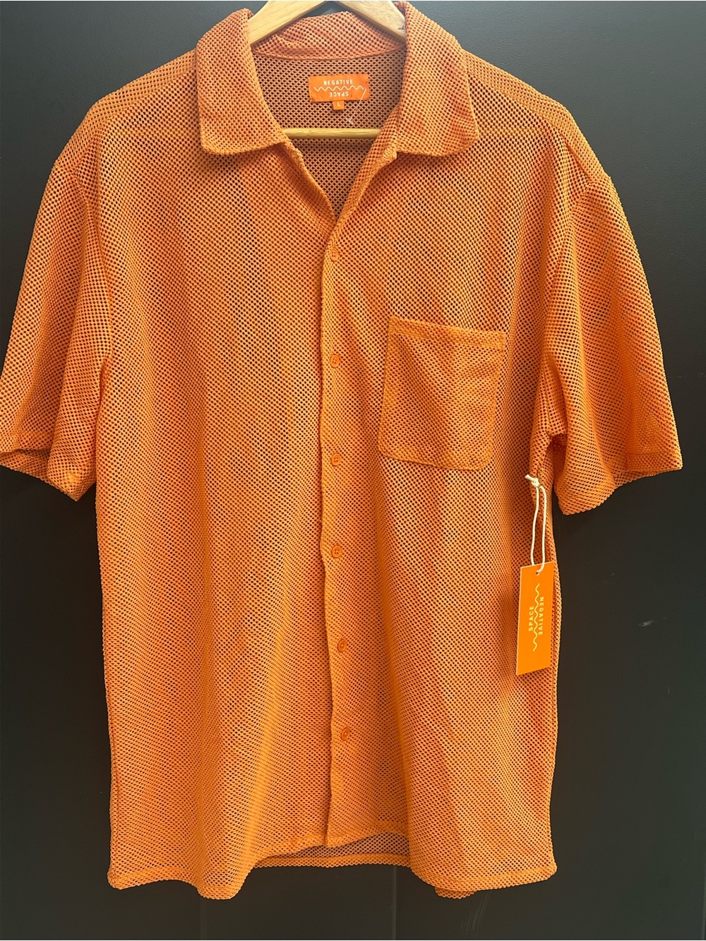 Negative Space Burnt Orange Short-Sleeve Button-Up Mesh Shirt